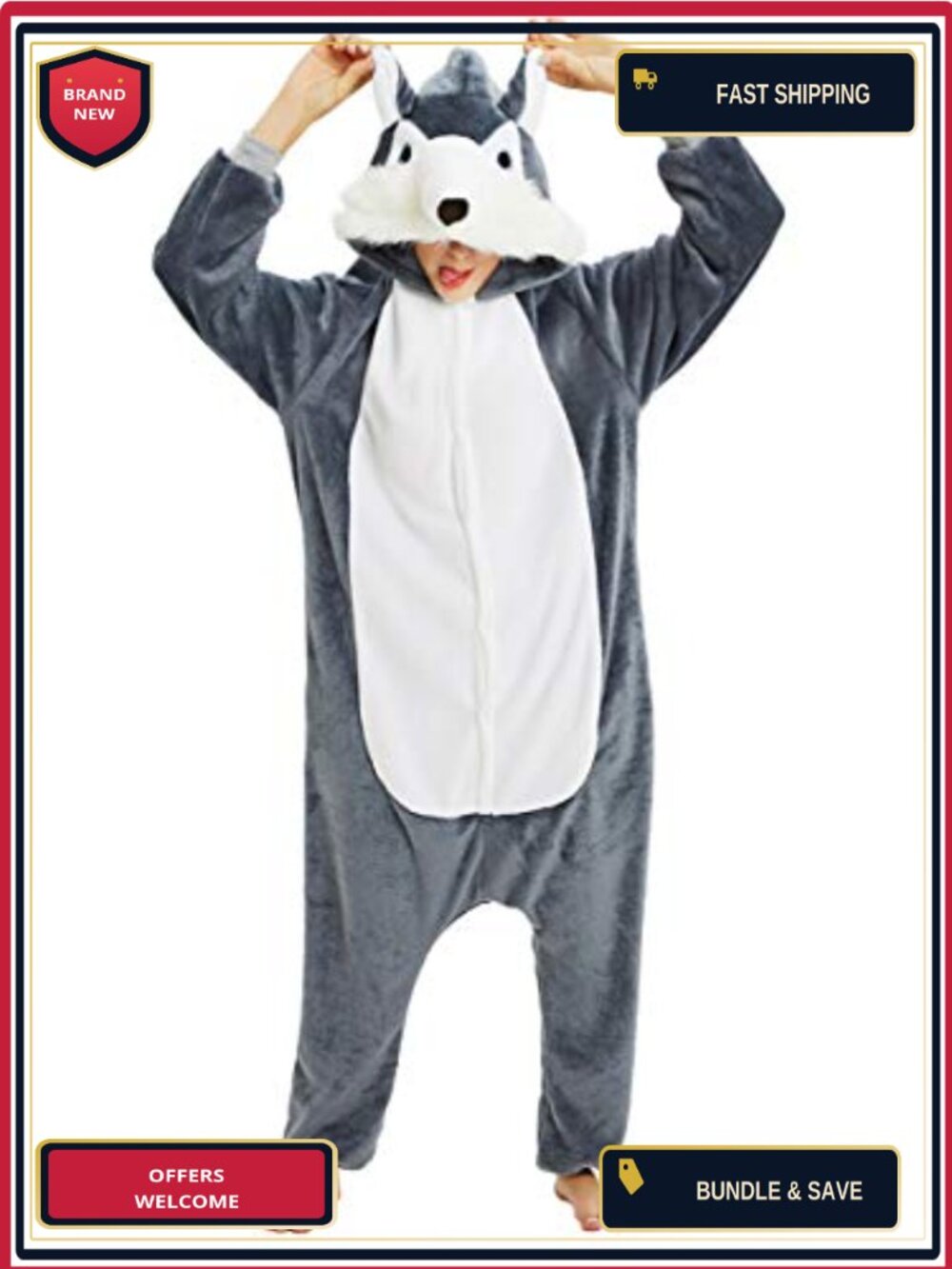 Flannel Wolf Onesie Pajamas Adult Unisex One-Piece Halloween Costume
